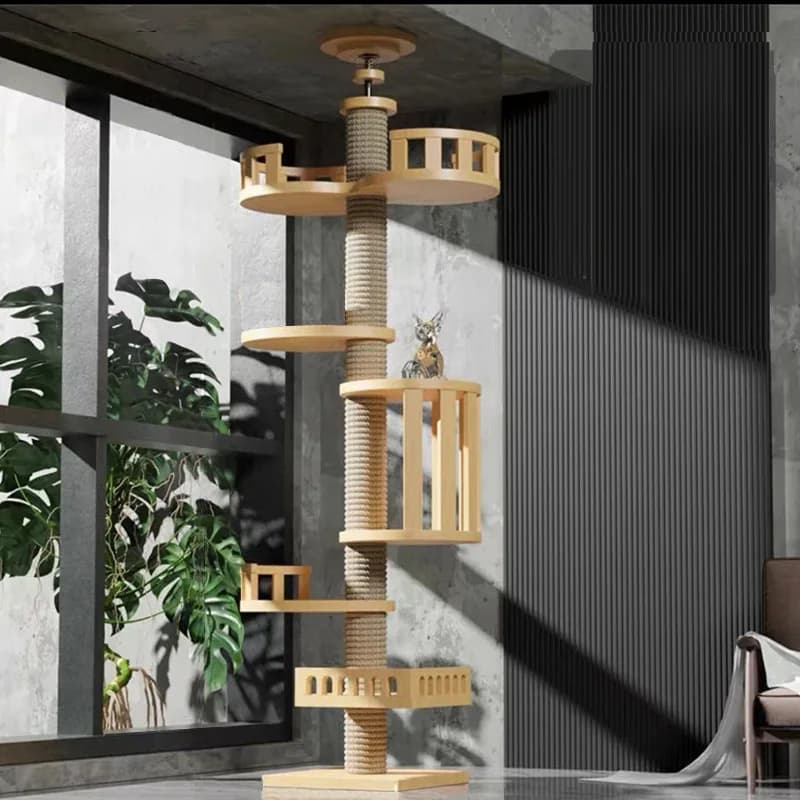 Torre per Gatti Salta-Corda, Moderna Torre per Gatti in Legno da Pavimento a Soffitto, con Tiragraffi in Corda di Sisal Naturale, Altezza 100 cm 4