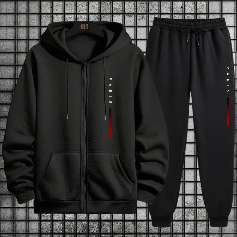 Completo Sportivo da Uomo 2 Pezzi con Stampa Moda Parigi, Nuova Collezione 2026, Felpa con Cappuccio e Zip e Pantaloni Tuta, Stile Streetwear Autunno Inverno