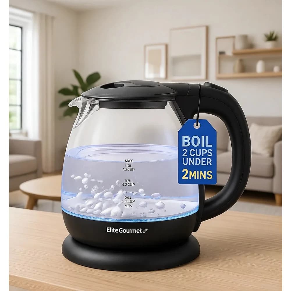 Electric 1L Glass Kettle Cordless 360 Base Blue LED Auto Shut Off Fast Boil Water Tea