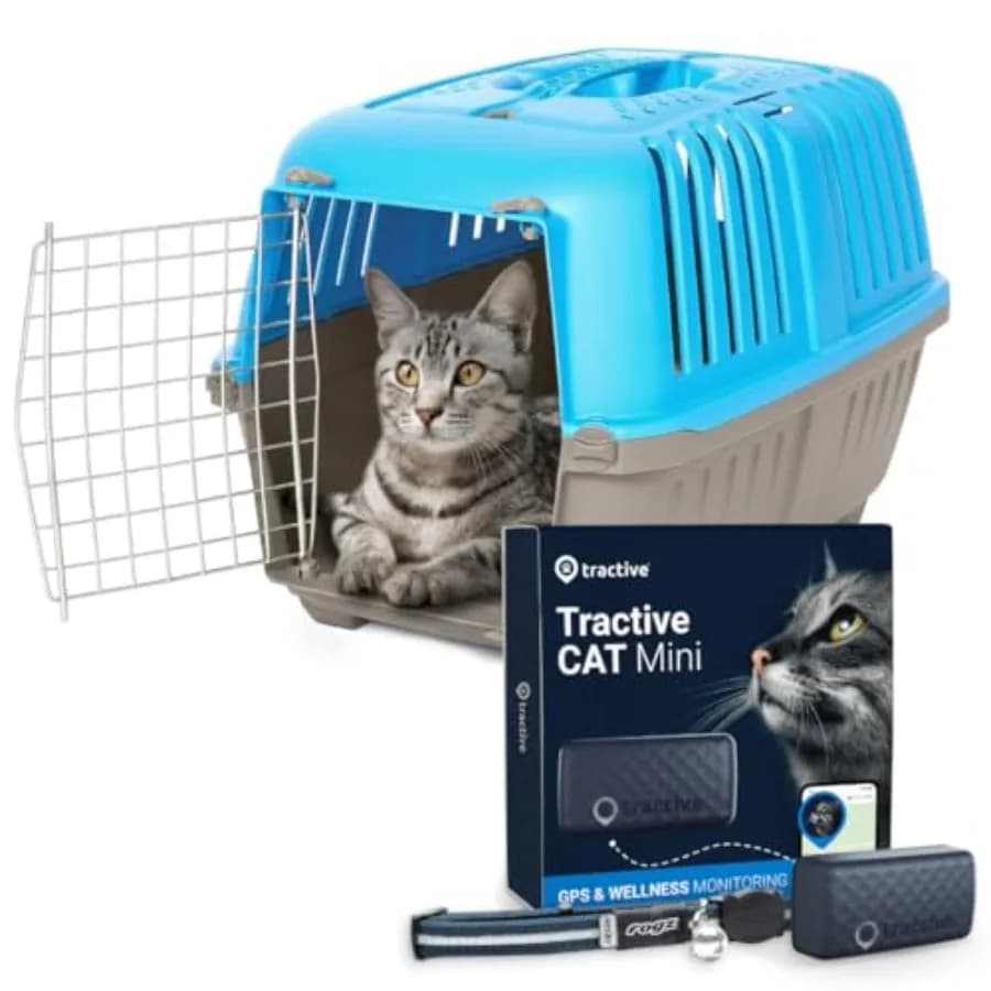 Trasportino per Gatti Midwest con Localizzatore GPS Tractive e Monitoraggio della Salute, Include 22 Trasportini Rigidi per Animali Domestici Blu