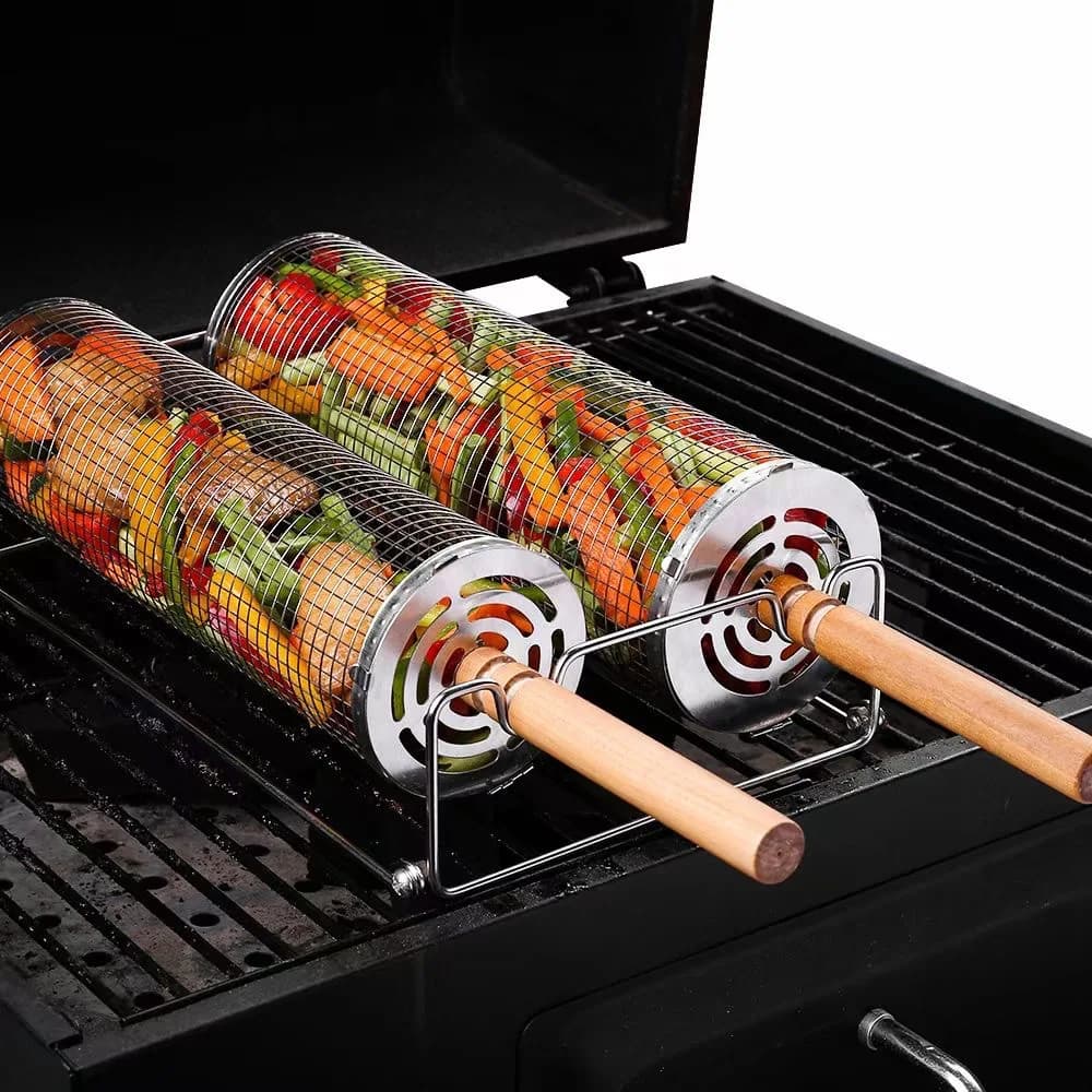 Set di griglie per utensili per barbecue con gabbia rotante in acciaio inossidabile con manico in legno