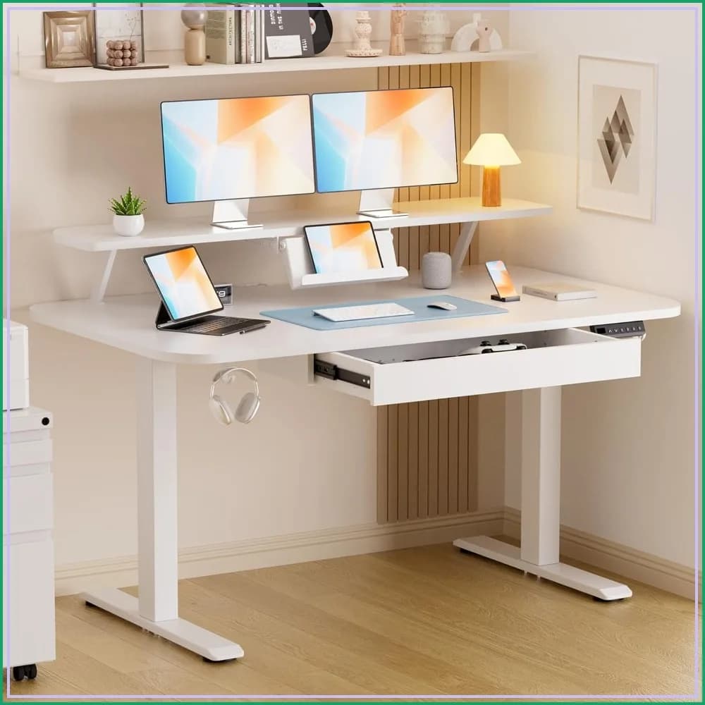 Electric Standing Desk with Drawers, 48 x 24 Inches Height Adjustable Computer Desk with Monitor Stand, Laptop Stand, Sit Stand up Desk with Memory Preset for Home Office