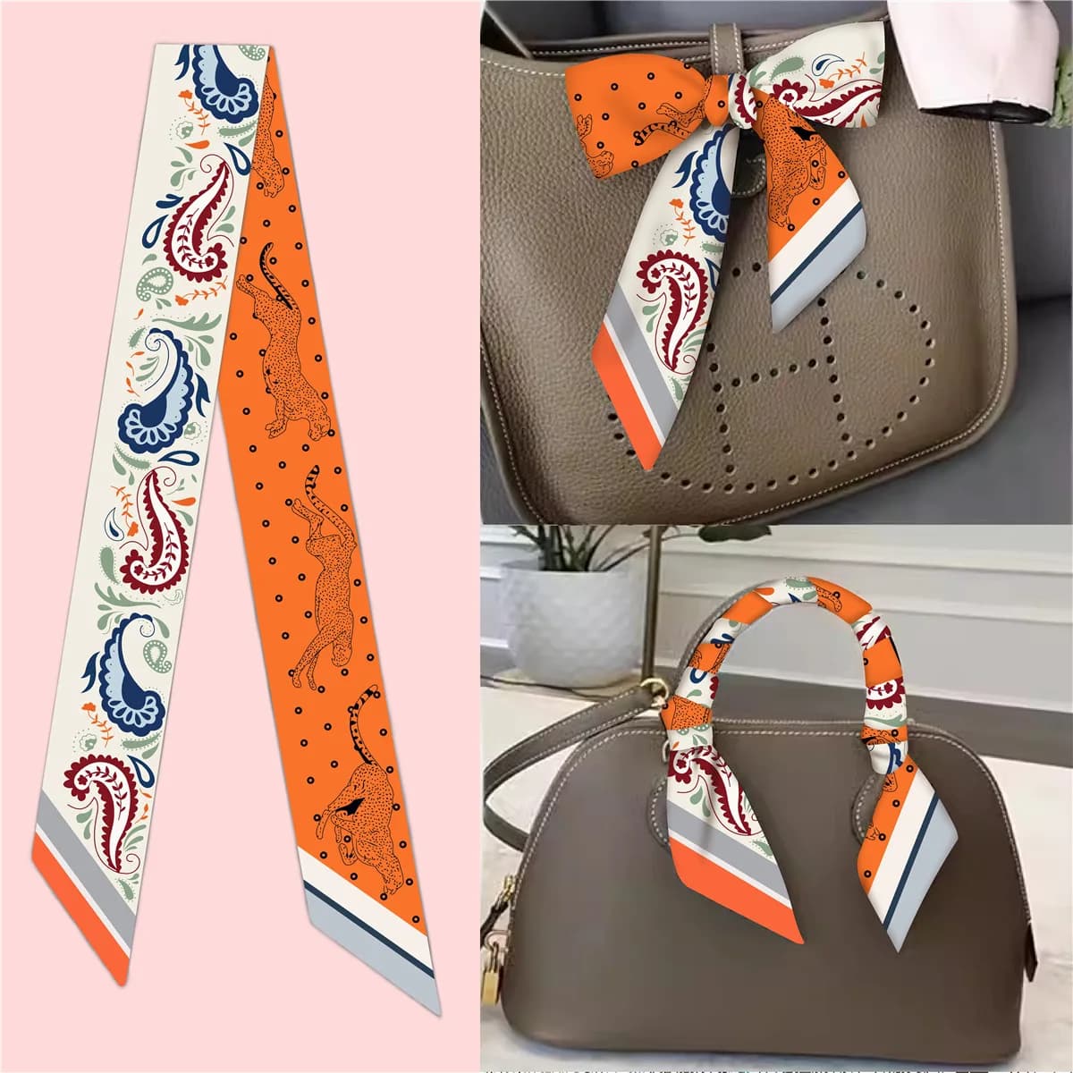 Nuova Borsa Donna Versatile con Stampa Paisley e Leopardata, Nastro per Manico, Sciarpa in Seta, Fascia per Capelli, Nastro per Manico Borsa, Sciarpa per Capelli