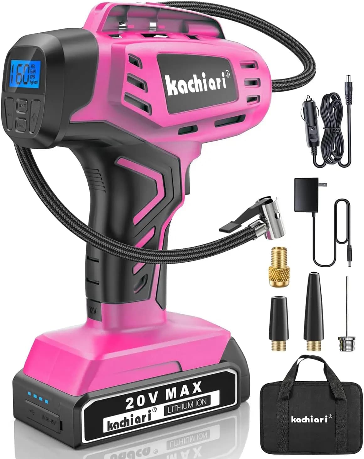 Gonfiatore portatile per pneumatici da 20 V, compressore d'aria ricaricabile con adattatore CC da 12 V - rosa