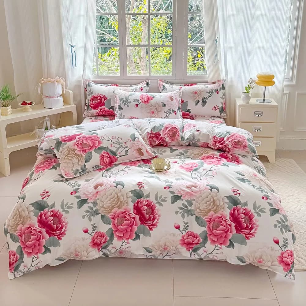 Set di biancheria da letto floreale con peonie, 4 pezzi, biancheria da letto morbida e traspirante con copripiumino, federe e lenzuolo, misura Full/Queen/King