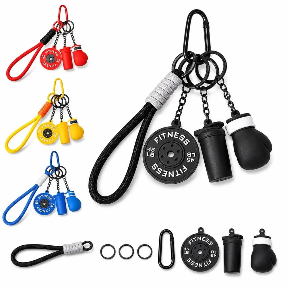 PVC Boxing Glove Keychain Metal Key Rings Wrist Strap Fitness Charm Keychain Multiple Charms Fitness Theme Gym Bag Pendant