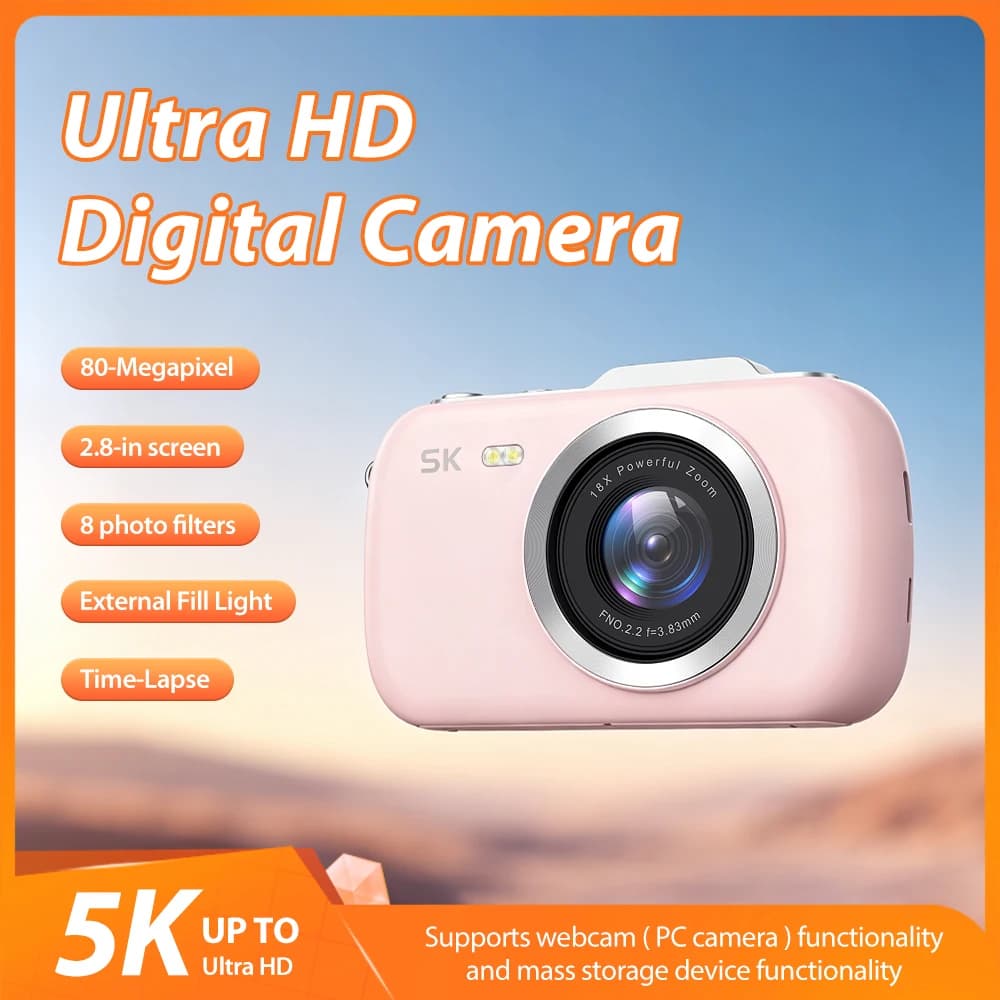 Videocamera 80MP con Foto 5K UHD, Schermo da 2.8'', Zoom Digitale 18X, Flash/Luce di Riempimento, Loop/Slo-Mo/Time-Lapse, 8 Filtri, Webcam per PC