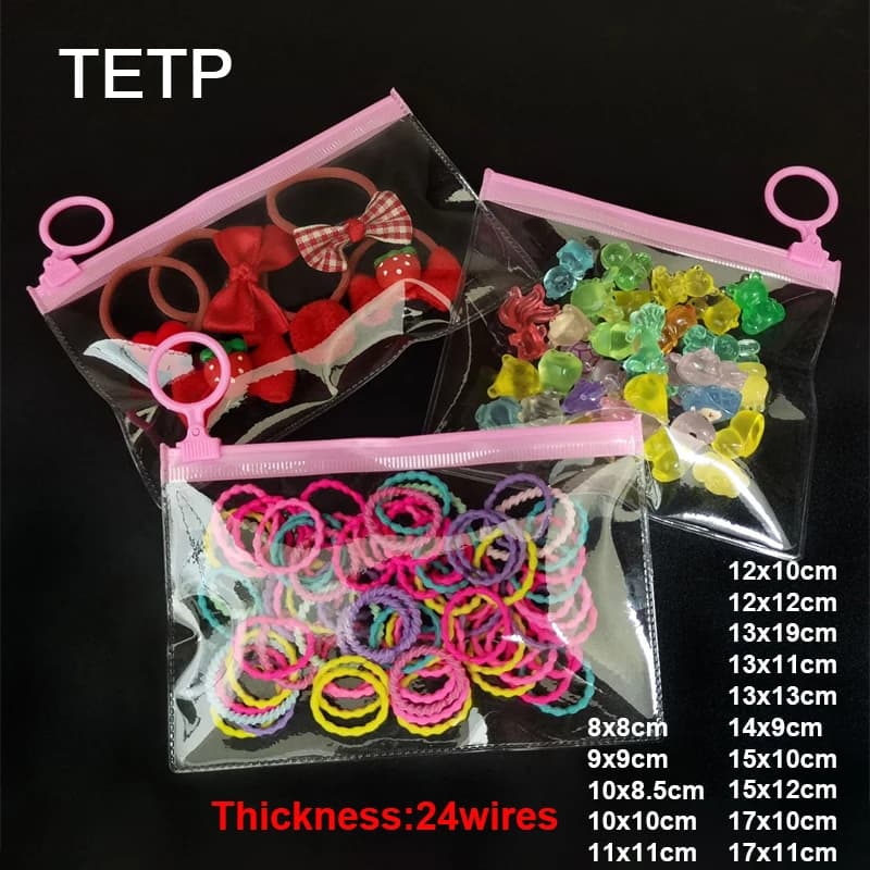 TETP 100Pcs Transparent Zipper Bags With Pink Zip Mini Hairpin Hair Tie Pet Shoes Data Cable Packaging Storage Display Organize