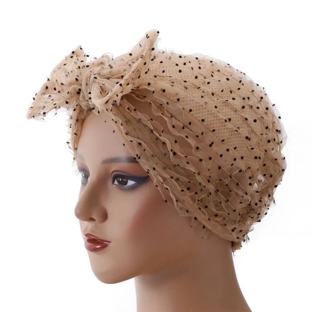 Breathable Fabric Polka Dot Mesh Bonnet Folded Design Turban Women Headscarf Hat Chic Wrinkle Lace Beanie Cap Fashion Accessory