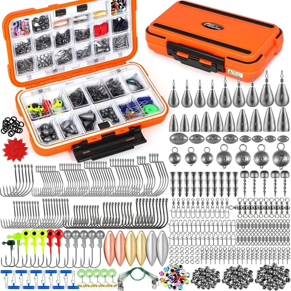 Kit completo di attrezzatura da pesca da 449 pezzi con scatola, ganci, piombi e maschere per la pesca di spigole e trote