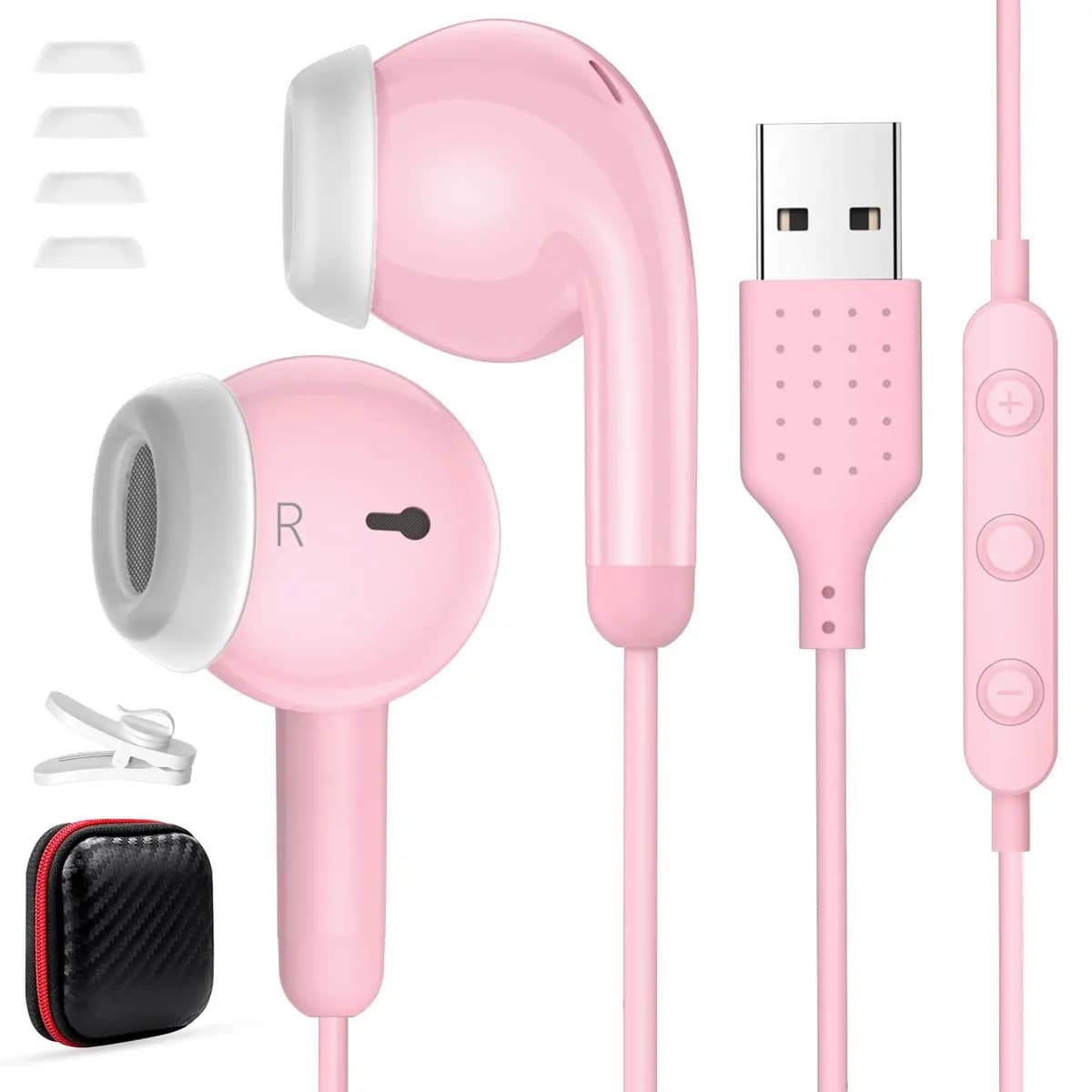Cuffie In-Ear USB Cablate da 2,3m con Riduzione del Rumore e Controllo Mute In-Line per PC, Laptop e Computer Desktop, Rosa, Regalo Carino