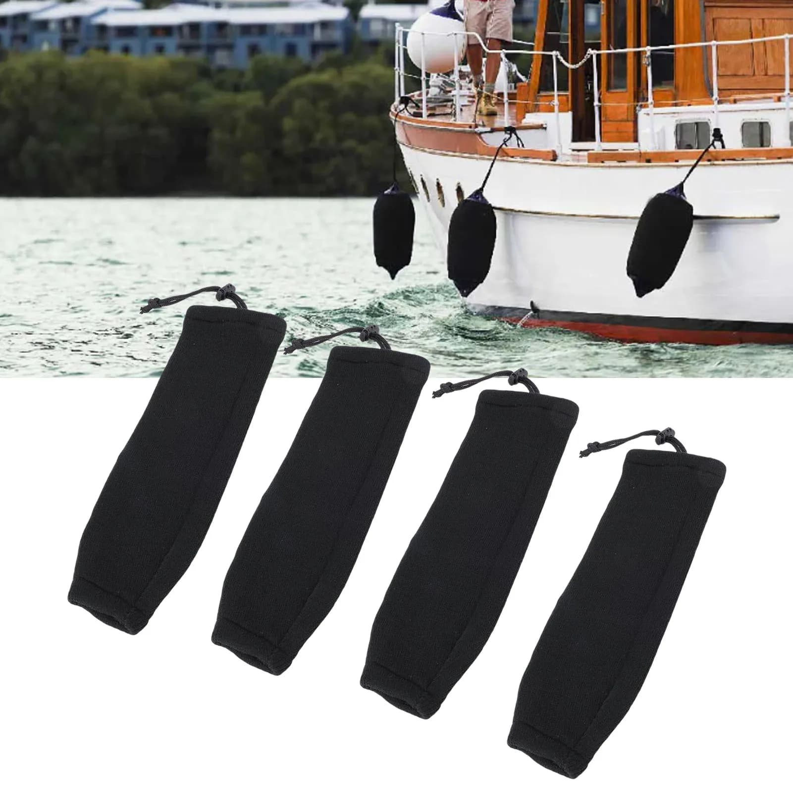 Copri Parabordi per Imbarcazioni 20×63cm, Protezione Elastica Nera Intrecciata per Tubi Centrali a Doppio Occhio