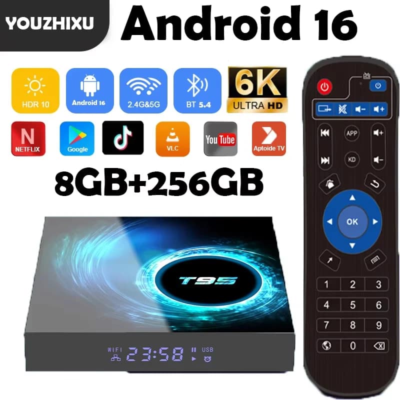 Box TV Android 16 Smart T95 8GB+256GB Allwinnerh616 Assistente Google Video 6K Bluetooth 5.4 Lettore Multimediale Set-Top Box Ultra Veloce