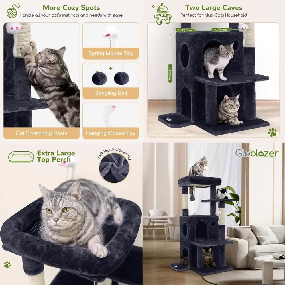 Casa sull'albero per gatti da 50 pollici con gradini, tiragraffi, 2 grotte, giocattoli per gatti di grandi dimensioni, grigio scuro