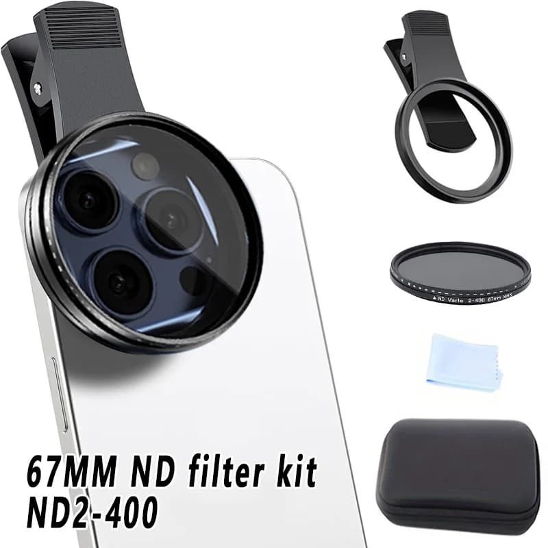 67mm Clip-on ND2-400 Camera Lens Filter Kit Neutral Density Adjustable for iPhone 16 15 14 13 12 11 Android Phone