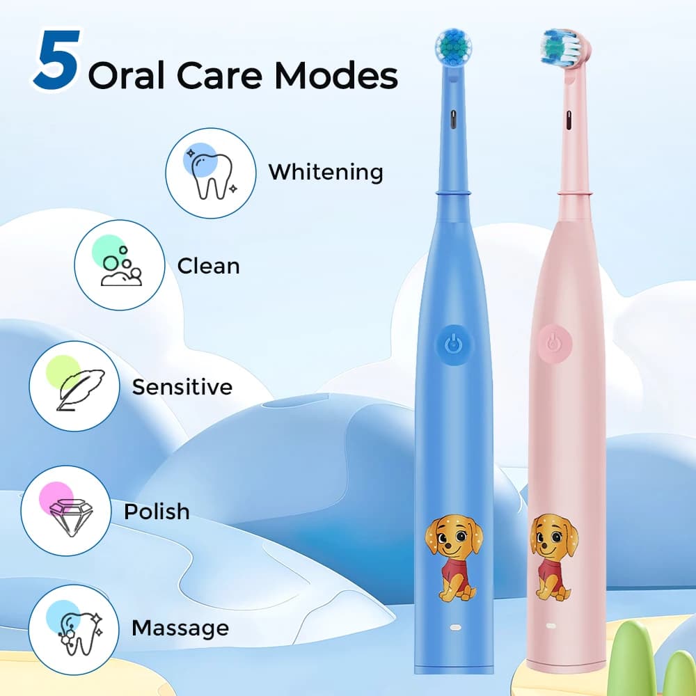Children's sonic electric toothbrush, cartoon model, with 4 replaceable heads, IPX7 waterproof, 2-minute smart timer, rechargeable.