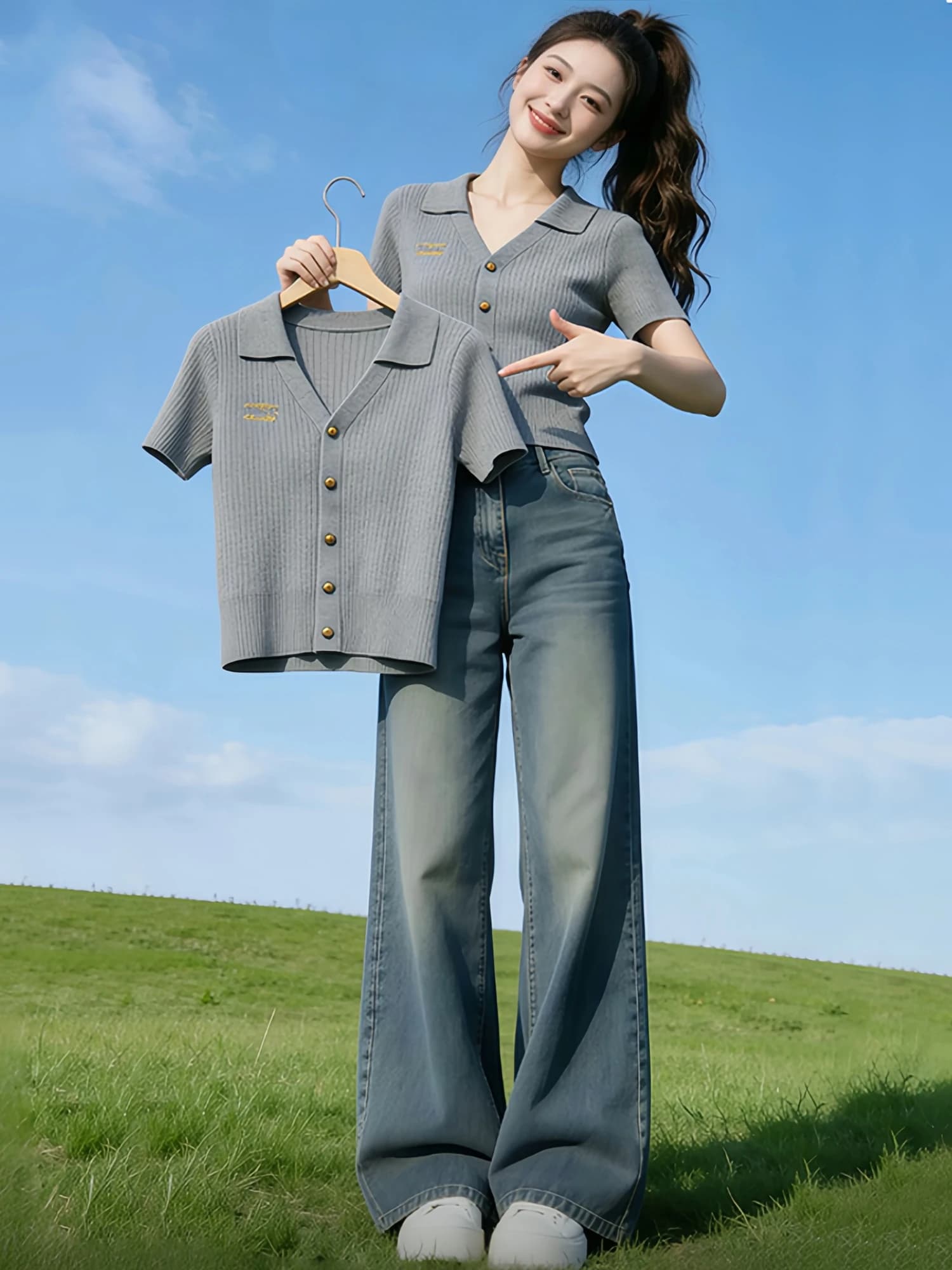 Casual Style Grey Button up Knitted Short Sleeve T-Shirt Women's Fashion Commute Edition V-Neck Loose Fit Summer Top