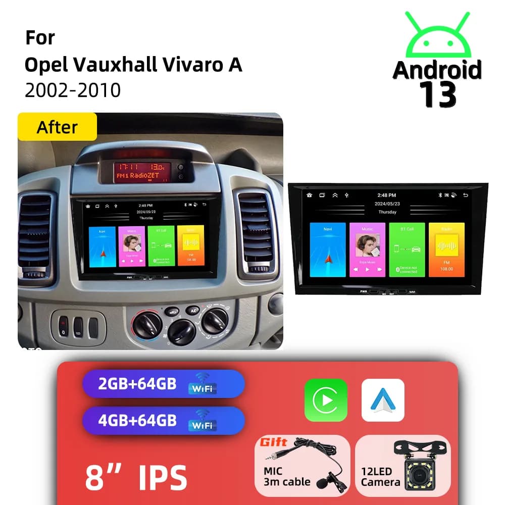 Autoradio Android 2 Din con Carplay per Opel Vauxhall Vivaro A 2002-2010, GPS, WIFI, Multimedia Auto, Schermo 8 Pollici, Stereo