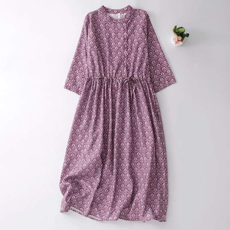 Elegante Abito Lungo Midi in Cotone e Lino Stampato, Casual, Comodo e Traspirante, per Primavera Estate, Ideale per il Pendolarismo Urbano, Vestito a Trapezio
