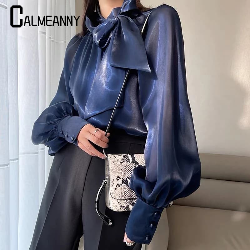 Women's Satin Shirts Elegant Shirts With Big Flake 2023 Spring Autumn New Fashion Korean Edition Casual Solid Female Smooth Sleeve Top