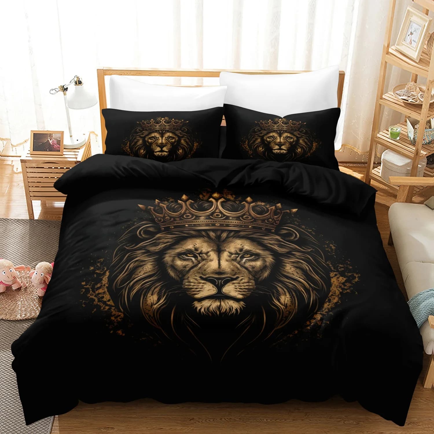 Set copripiumino premium con stampa Re Leone in nero e oro, 3 pezzi, biancheria da letto con stampa artistica animalier, per camere da letto familiari, dormitori, hotel