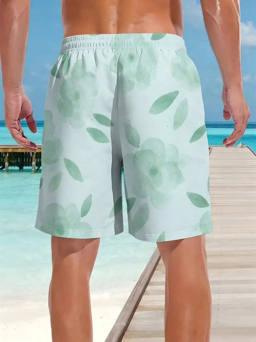 Pantaloncini da Spiaggia da Uomo con Stampa Floreale, Fiori e Foglie Verdi ad Acquerello, Costume da Bagno Casual Estivo