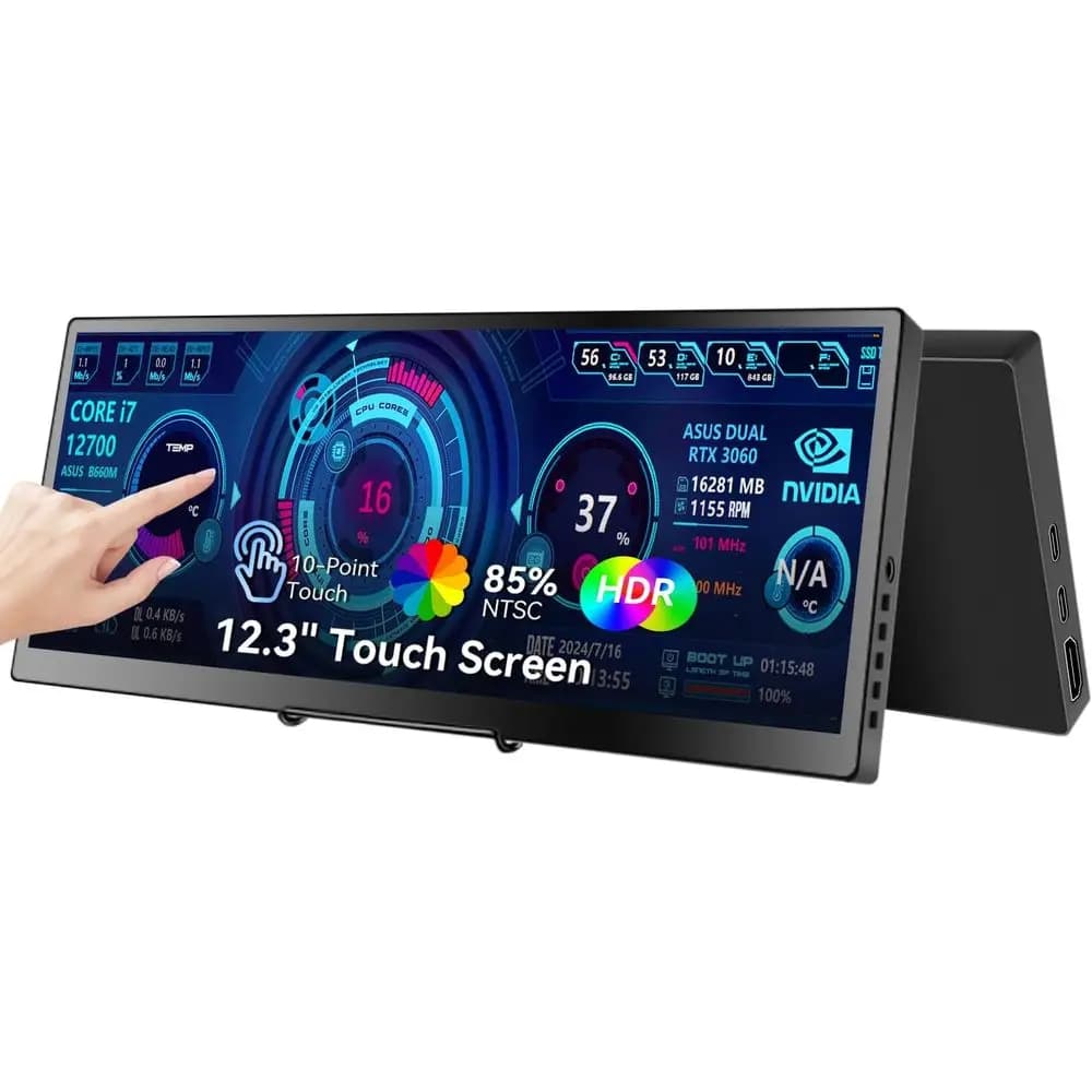 Monitor Portatile Touchscreen IPS da 12.3 Pollici con Supporto Regolabile, HDMI e USB-C, Ideale per Monitoraggio di Laptop e Dispositivi