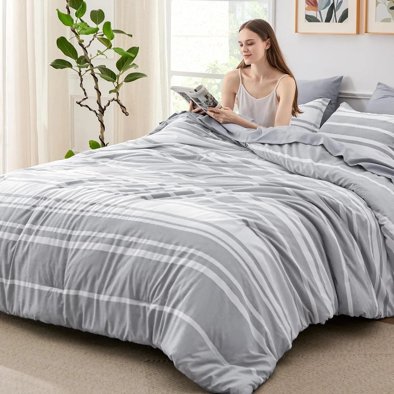 Set Completo di 7 Pezzi per Letto, Biancheria da Letto a Righe Grigie, Reversibile per Tutte le Stagioni, Tinto Cationico, Set Completo con Lenzuola e Federe