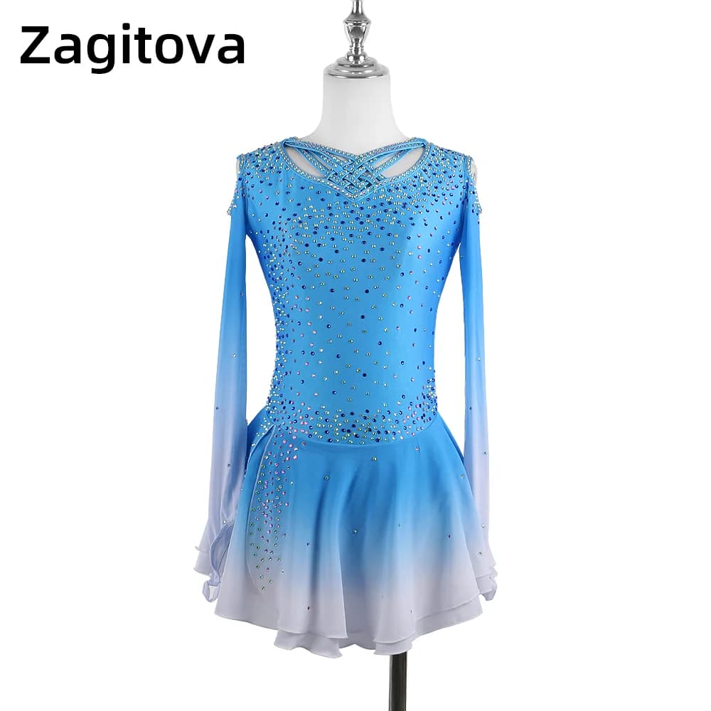Zagitova Abito da pattinaggio di figura Gonna da pattinaggio su ghiaccio per ragazze da donna Blu sfumato con spalle scoperte con gonna a rete con diamanti lucidi