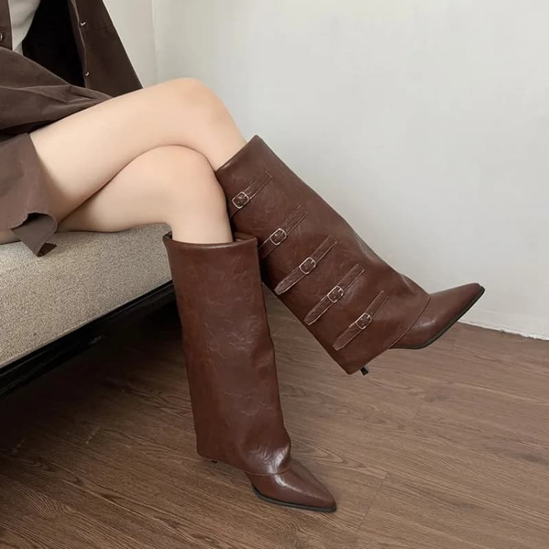 Autumn Winter Point Toe Buckle Belt Soft Soles Waterproof Single Raised Boots 2025 Women's Long Boots