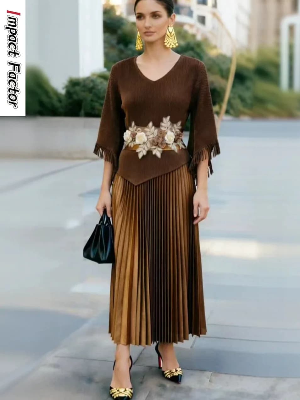 2026 New Miyake Pleated Crew Neck Embroidered Irregular Loose Pendulum Dress Fake Two-piece Women's Clothing