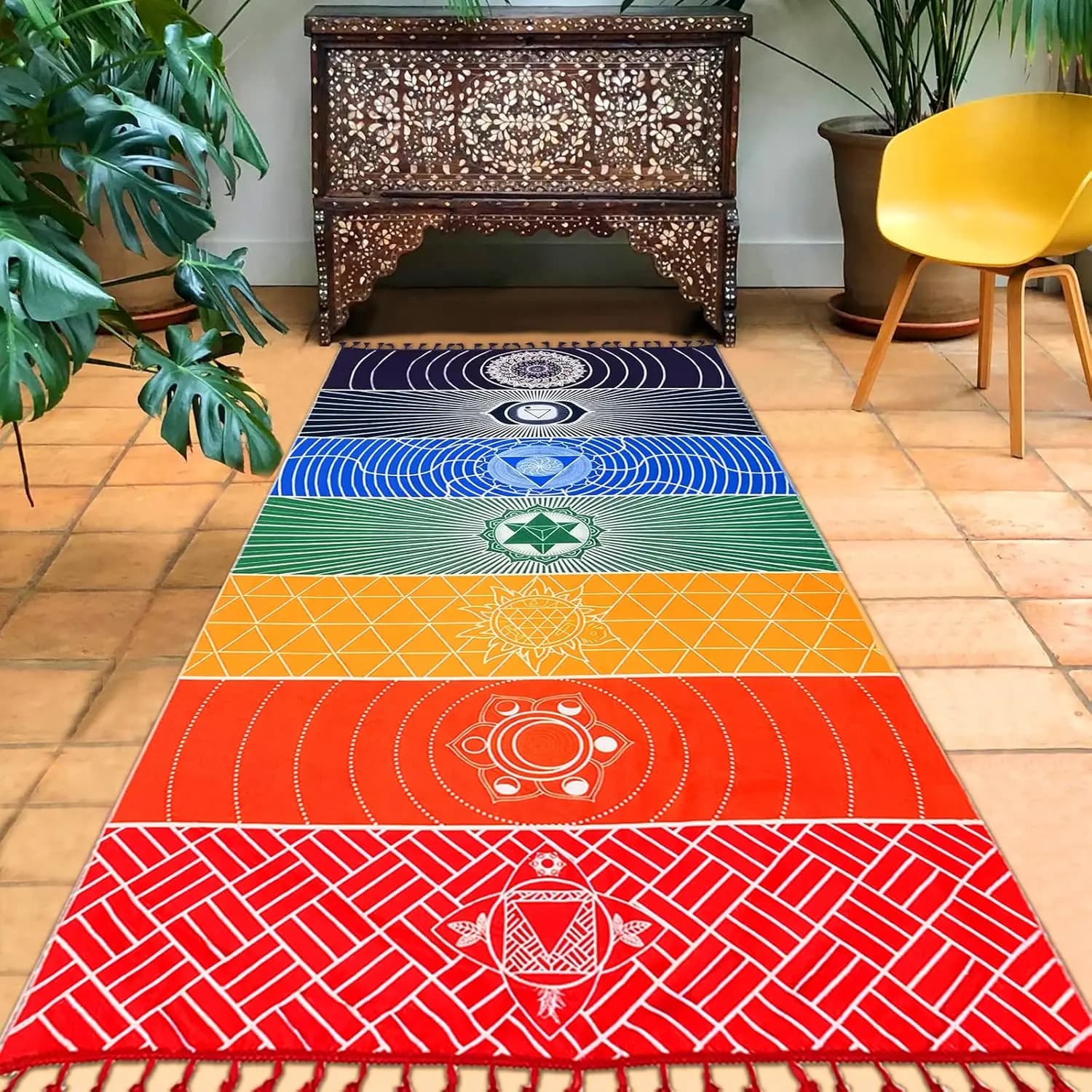 Tappetino Yoga Messicano, Coperta da Spiaggia e Picnic, Tappeto per Meditazione Chakra, Sciarpa Parasole, Decorazione Boho per Pilates, 59 Pollici in Poliestere