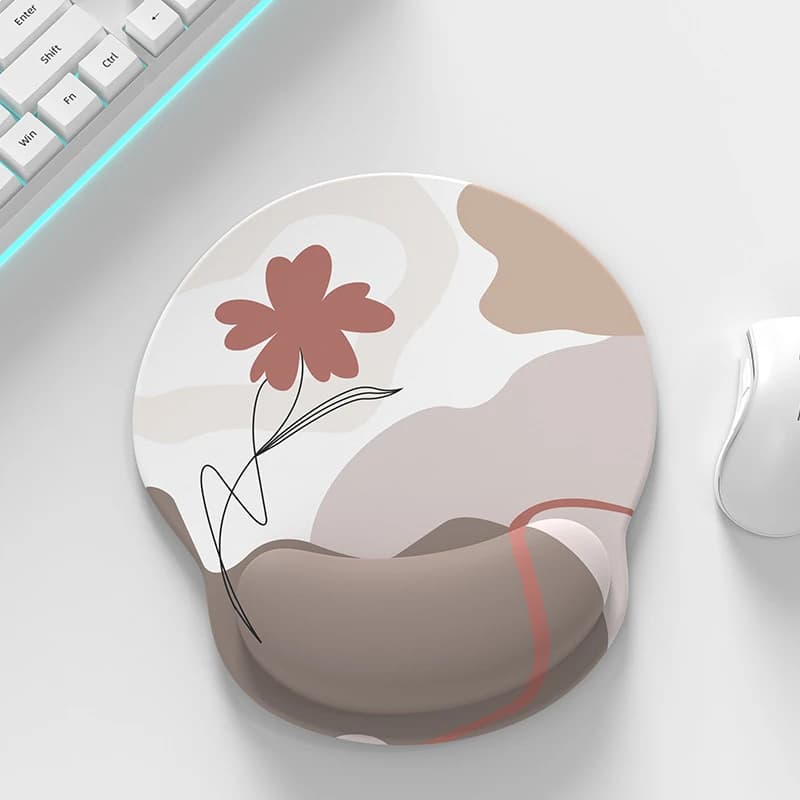 Tappetino Ergonomico per Mouse con Poggiapolsi in Gel, Base Antiscivolo in PU, Design Floreale Astratto Bianco Marrone Rosa, Comodo per Ufficio e Casa