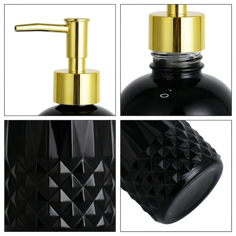 Black Lime Glass Soap Dispenser with ABS Pump for Kitchen Bathroom 19x7x7cm Diamond Pattern 350ml Refillable Bottle