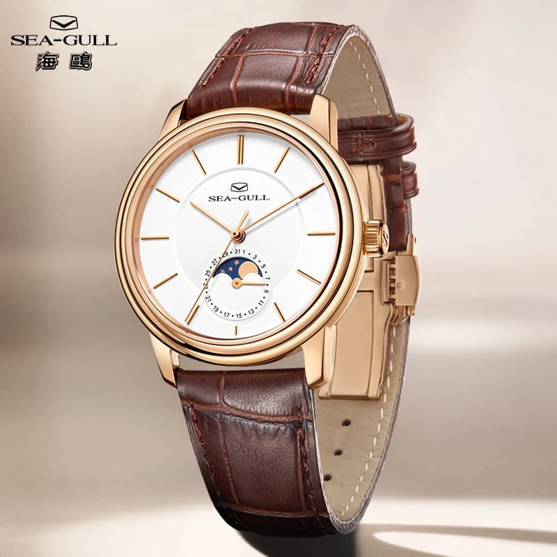 Orologio meccanico Seagull Moon Phase per uomo ST1818 Movimento Calendario Zaffiro Orologi automatici Orologio in acciaio inossidabile 316L 1080