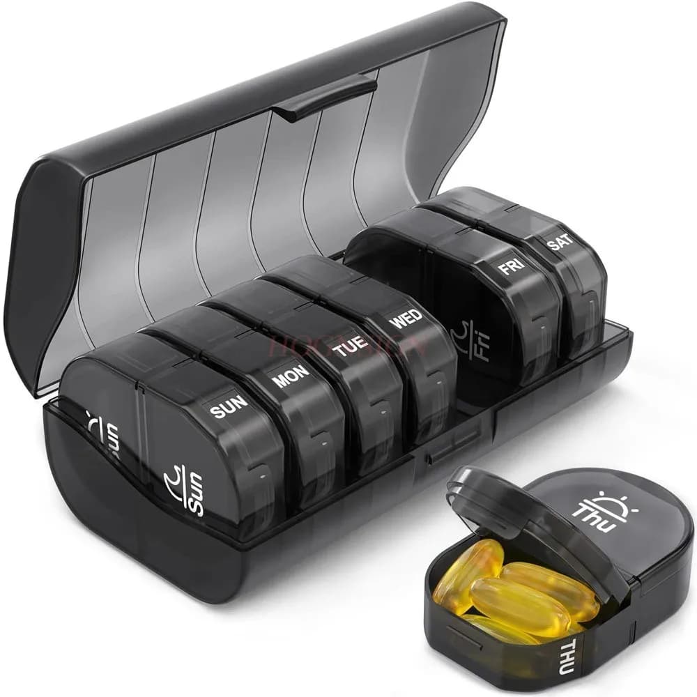1 set times a day, AM PM weekly pill holder with 7 daily pocket cases to contain vitamins, medicines, drugs and supplements