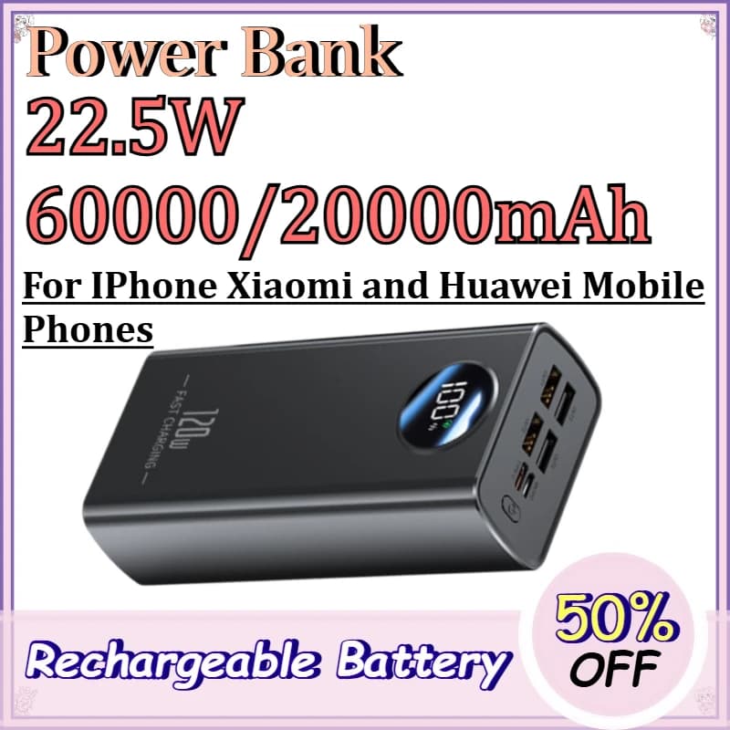 22.5W 60000/20000mAh Power Bank for IPhone Xiaomi and Huawei Mobile Phones Fast Charging High Capacity PowerBank