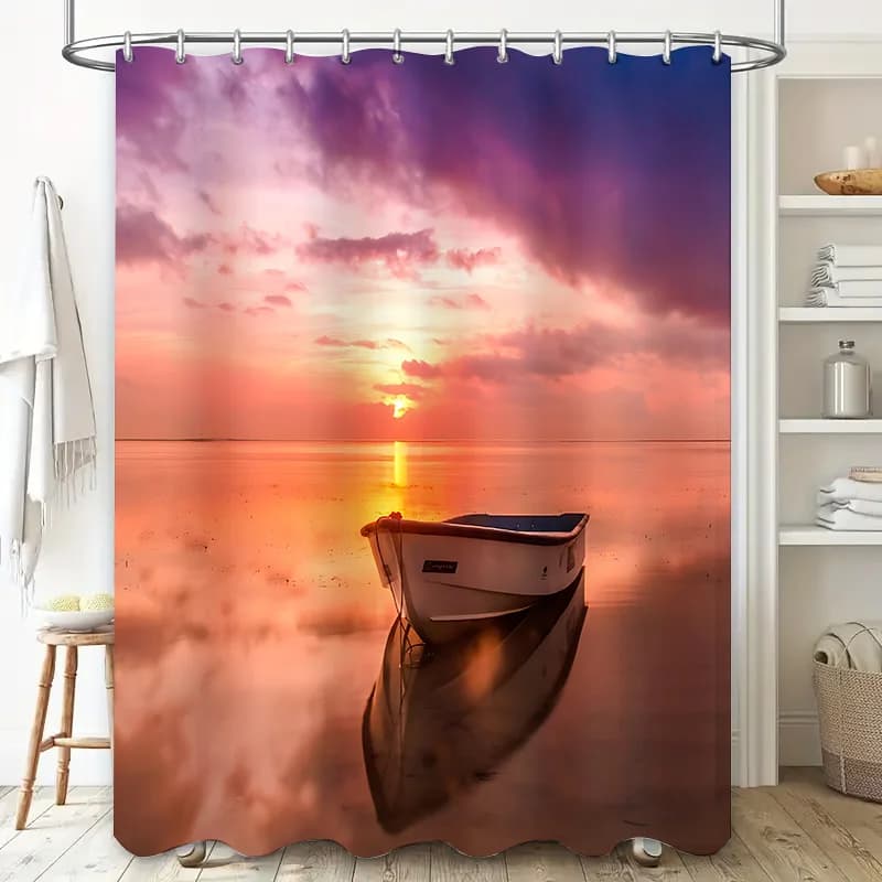 Romantico tramonto Paesaggio marino Tenda da doccia Barca a remi Riflessione Decorazioni per il bagno Tranquil Ocean View Cielo colorato Atmosfera serena