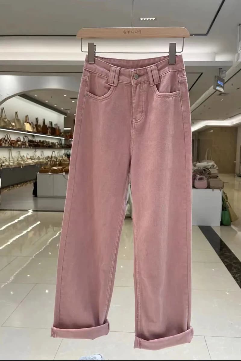Jeans alla Moda a Vita Alta e Gamba Dritta per Donna, Pantaloni Casual Lunghi, Stile Dongda Gate, Rosa Sporco, Versatili e Snellenti per la Stagione Autunnale