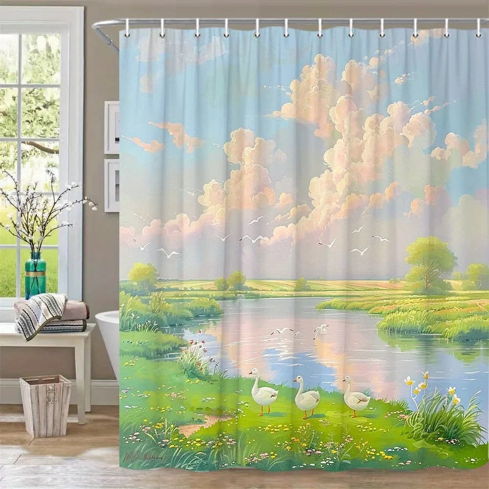 Tenda da doccia extra large da 1 pezzo - Scena di stagno di anatre pastello con anatre bianche, fiori di campo verde e nuvole rosa - Lavabile in lavatrice