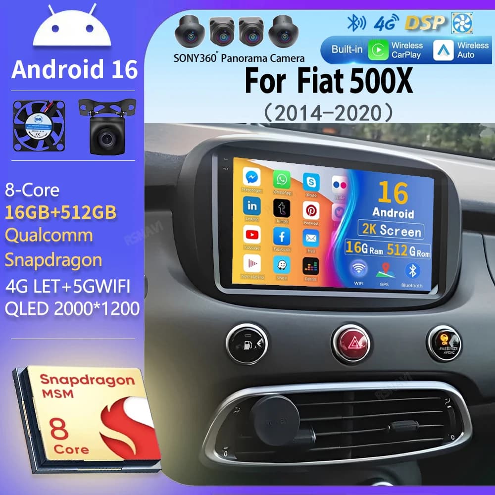 Android 16 For Fiat 500X 2014 - 2020 2K QLED Stereo Car Radio Multimedia Video Player GPS Wifi Auto CarPlay Head Unit Navigation