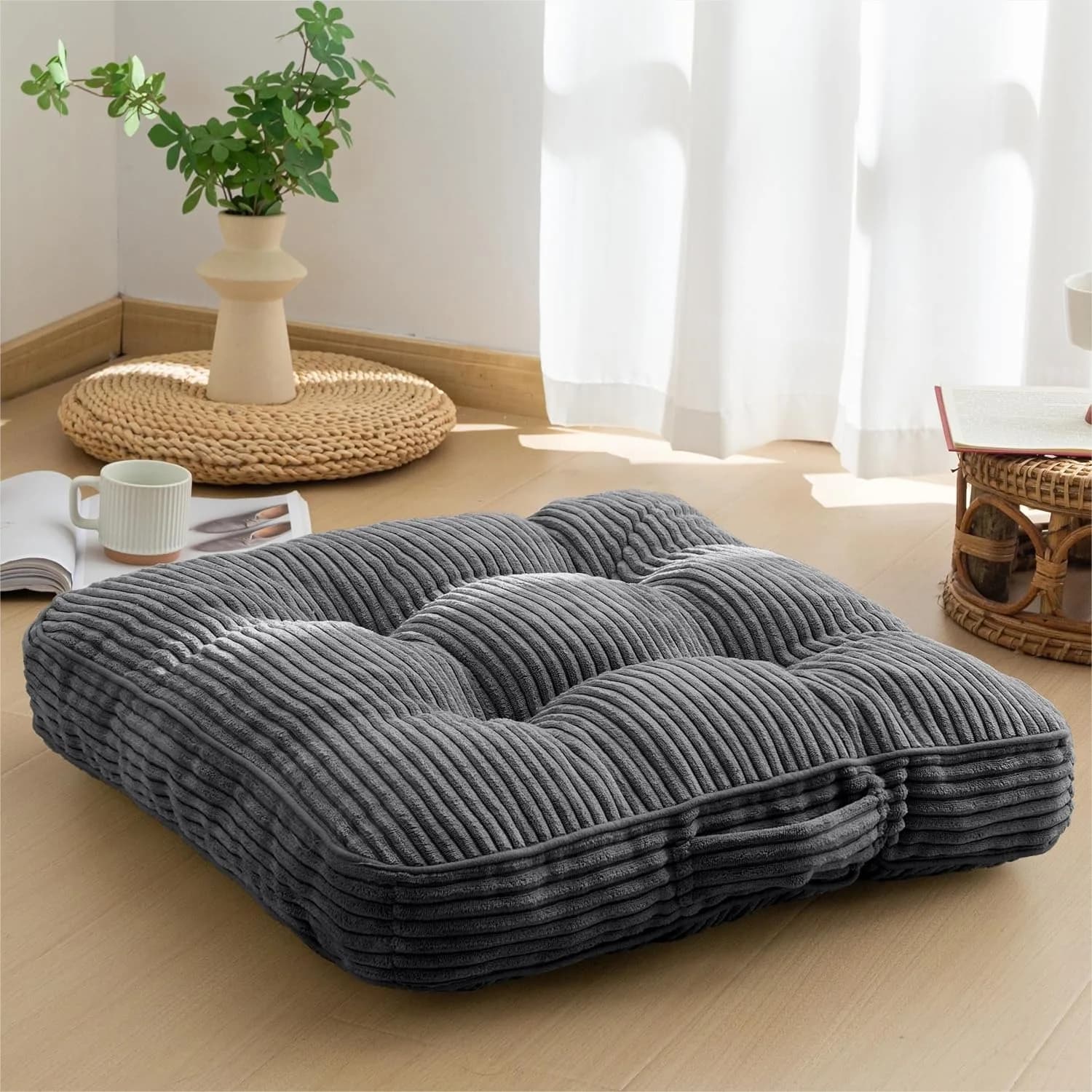 Large Floor Pillow Cushion for Adults with Corduroy Cover, 22x22 Inch Square Sitting Cushion for Meditation Yoga Living Room