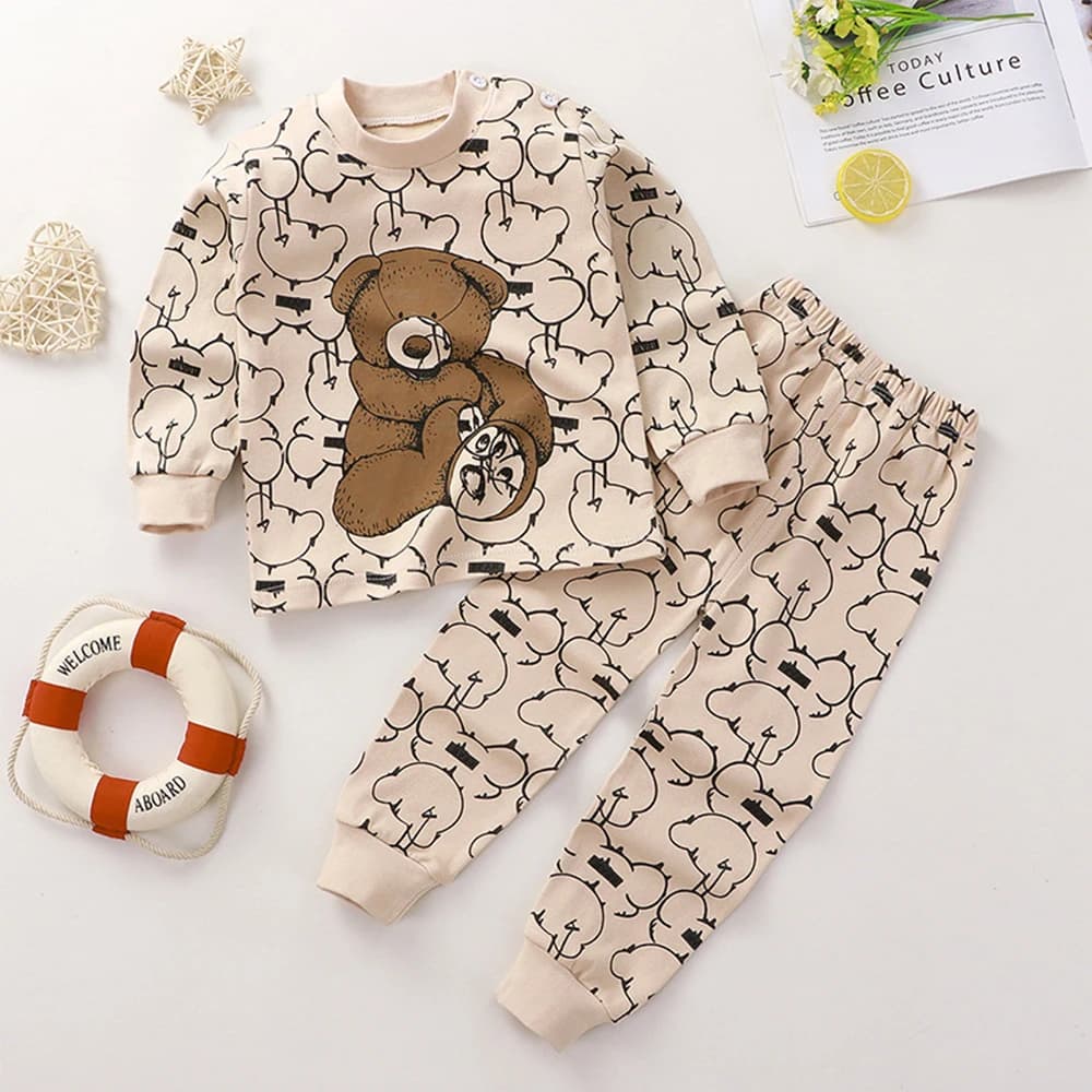 2 pezzi pigiama superiore e inferiore con stampa completa set per bambini stampa orso cartone animato pullover + pantaloni tuta con cappuccio manica lunga indumenti da notte per bambini