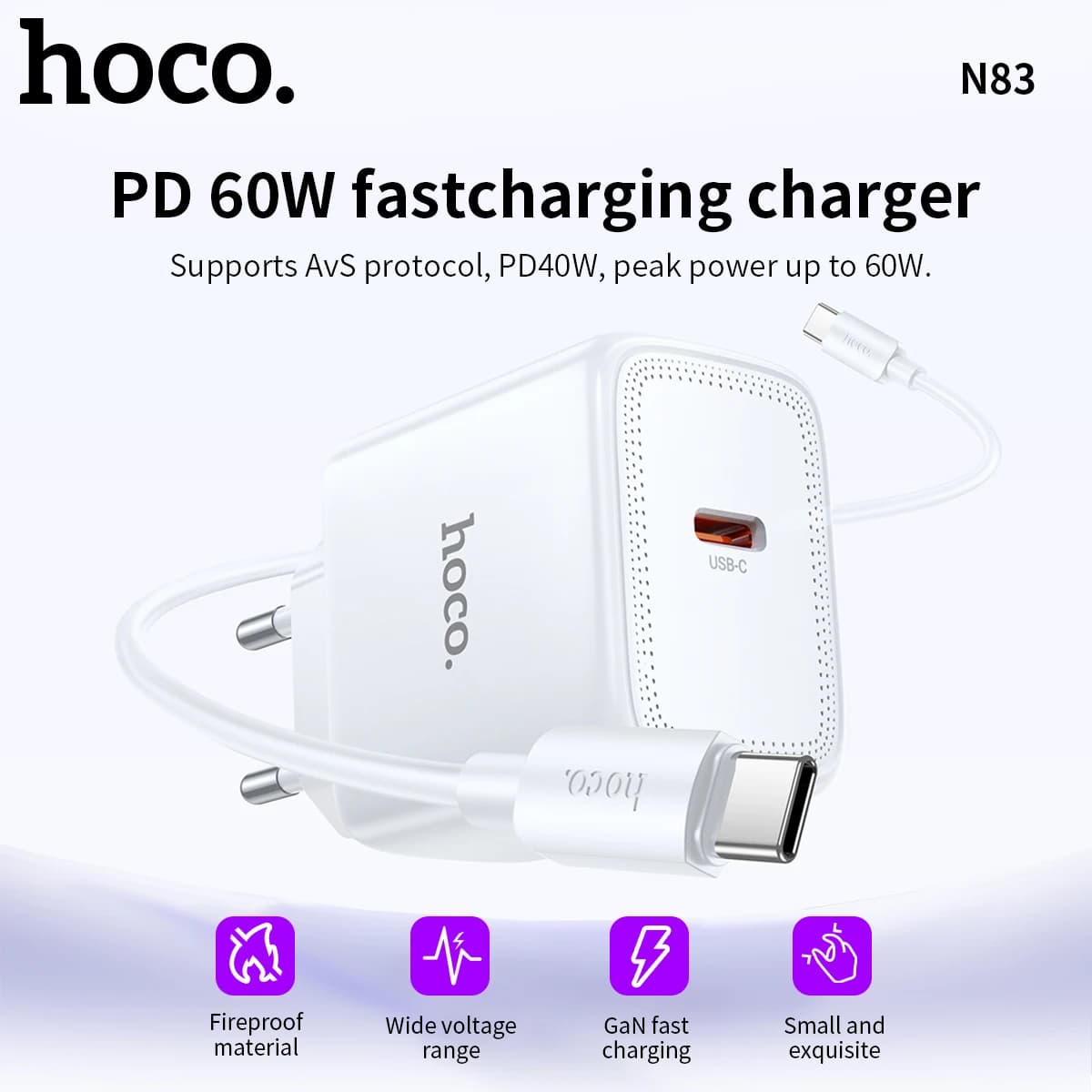 Set Caricabatterie Rapido HOCO N83 PD60W con Cavo Dati Type-C, Adattatori per Telefoni Cellulari, Caricabatterie USB C da Muro e da Viaggio per Samsung iPhone
