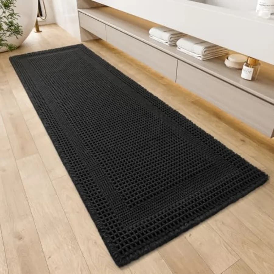Tappetino da Bagno Waffle Assorbente, Antiscivolo, Lavabile in Lavatrice, con Nappe, Ultra Morbido, Stile Boho