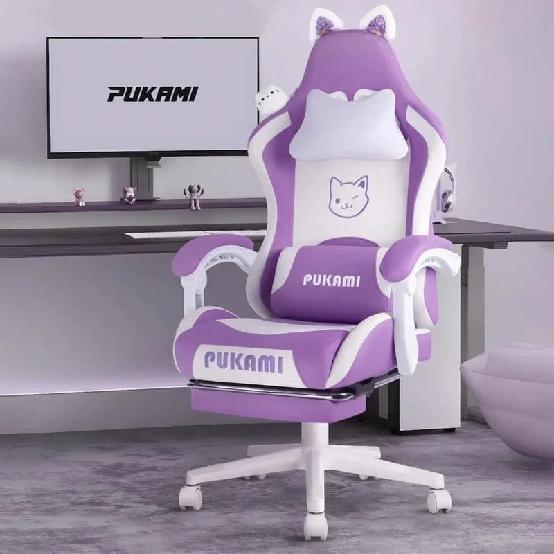 Chair with cat's ears, computer chair for girls with footrest, headrest and lumbar cushion with cat's leg