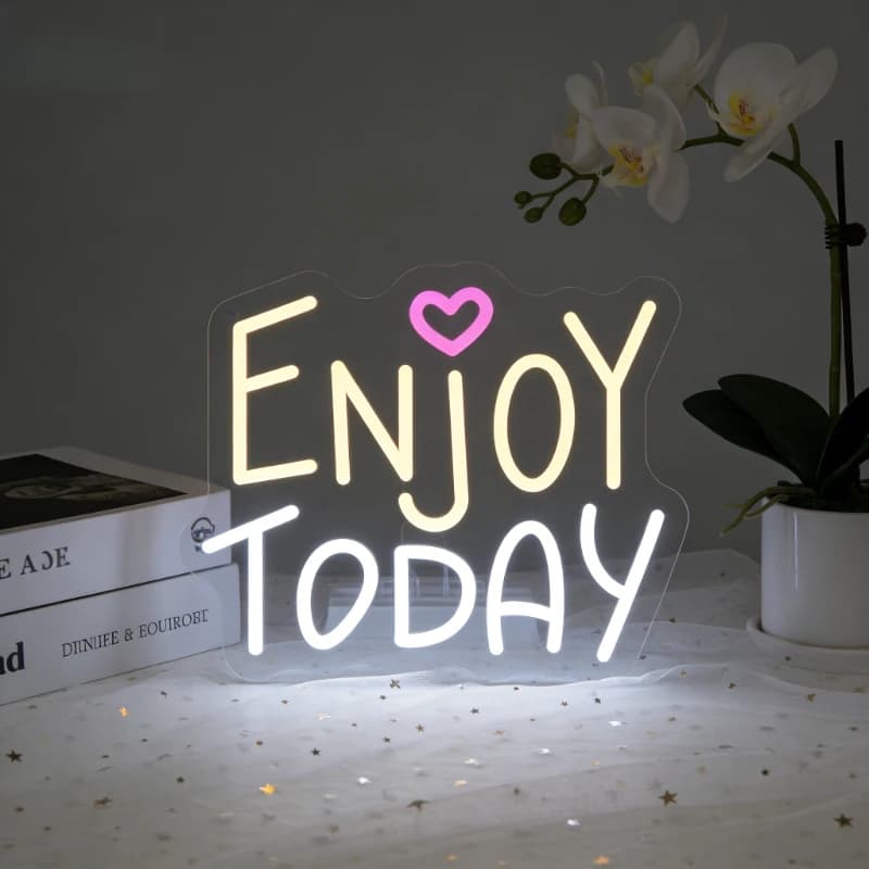 Insegna al Neon 'Enjoy Today' con Luce LED Dimmerabile, Decorazione da Parete USB per Casa, Camera da Letto, Soggiorno, Dormitorio, Ufficio, Corridoio, Arte Murale Positiva