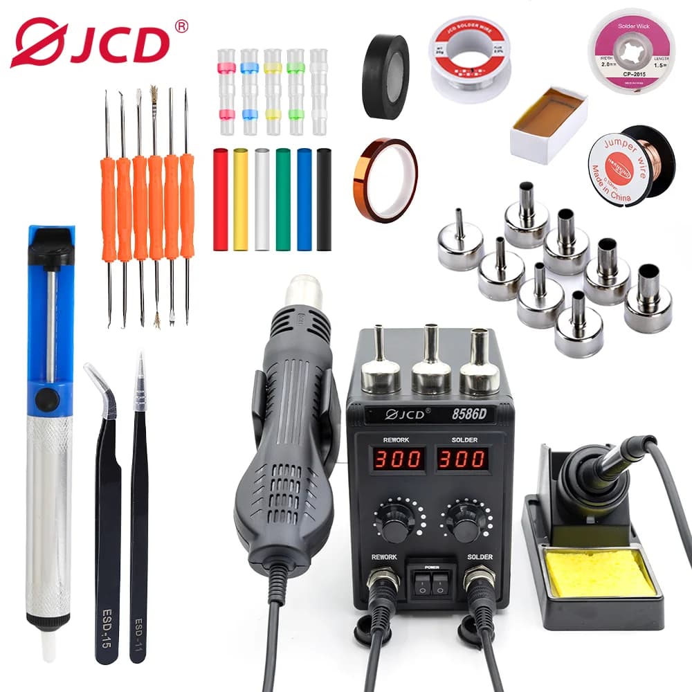 Stazione di saldatura JCD 8586D 2 IN 1 750W Pistola ad aria calda LCD Doppio display digitale Saldatore elettrico Stazione di rilavorazione di saldatura SMD