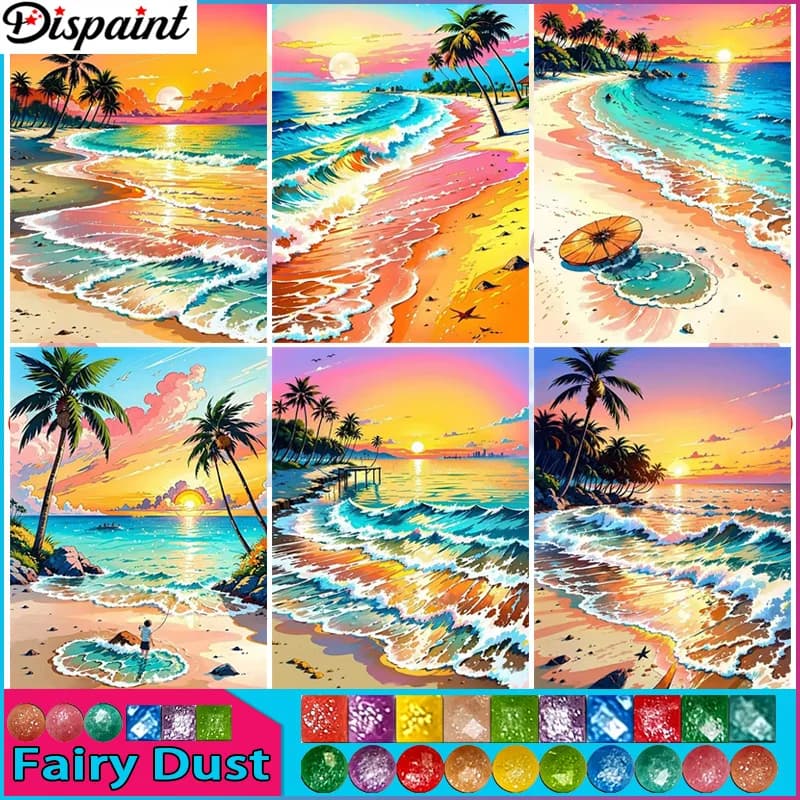 Dispaint Fairy Dust AB Square/Round Drill 5D DIY Diamond Painting "Beach Sunset Tree" Embroidery Cross Stitch Full Rhinestone