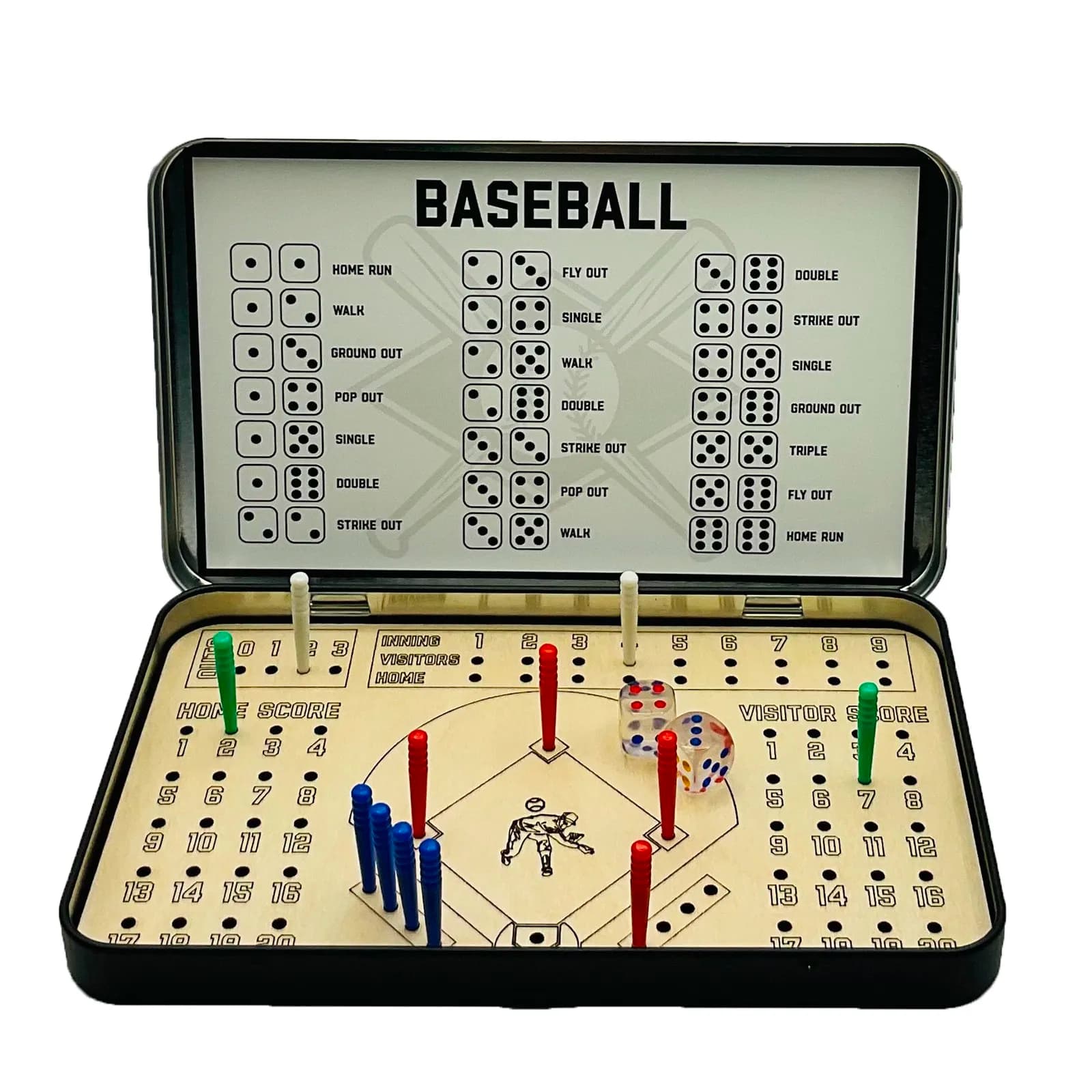Giochi da tavolo da viaggio Gioco da viaggio portatile in legno da baseball Gioco da tavolo interattivo Calcio Knuckle Dice Calcio Scatola di latta Gioco da tavolo